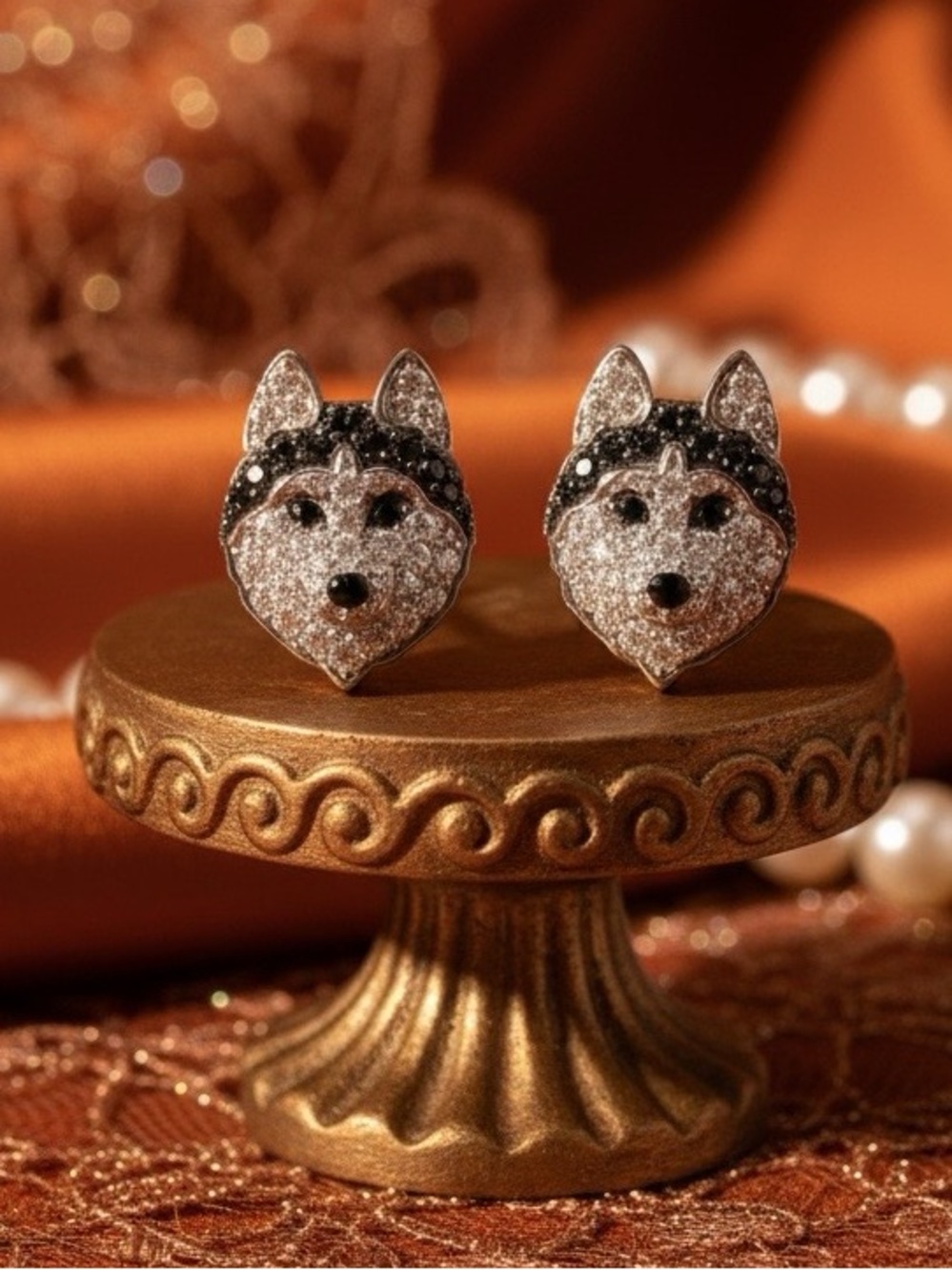 Iced Out Siberian Husky Stud Earrings Dog Mom Glam Coquette Girly Dog Lover Chic